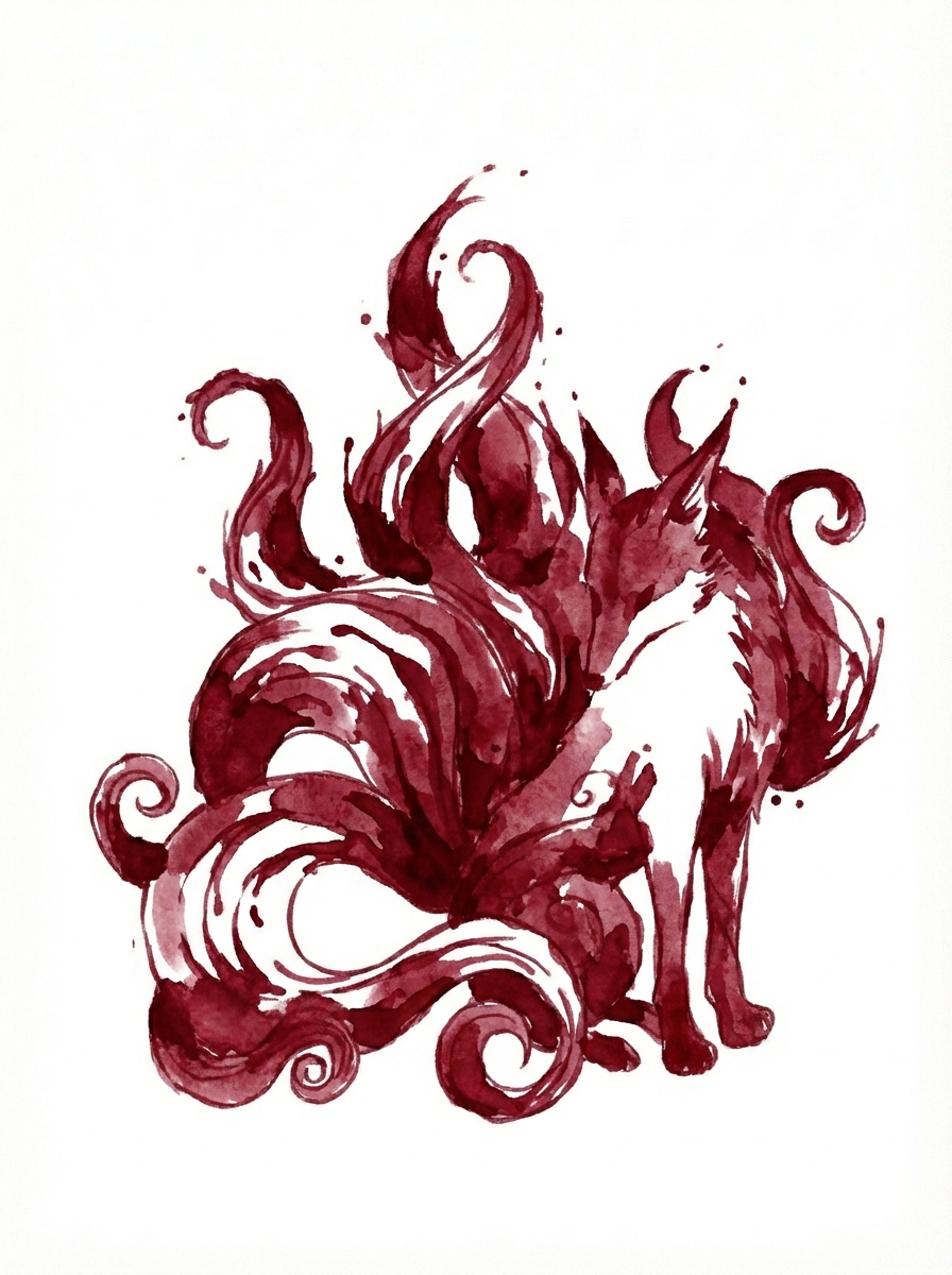 A nine-tailed fox painted in deep red watercolor